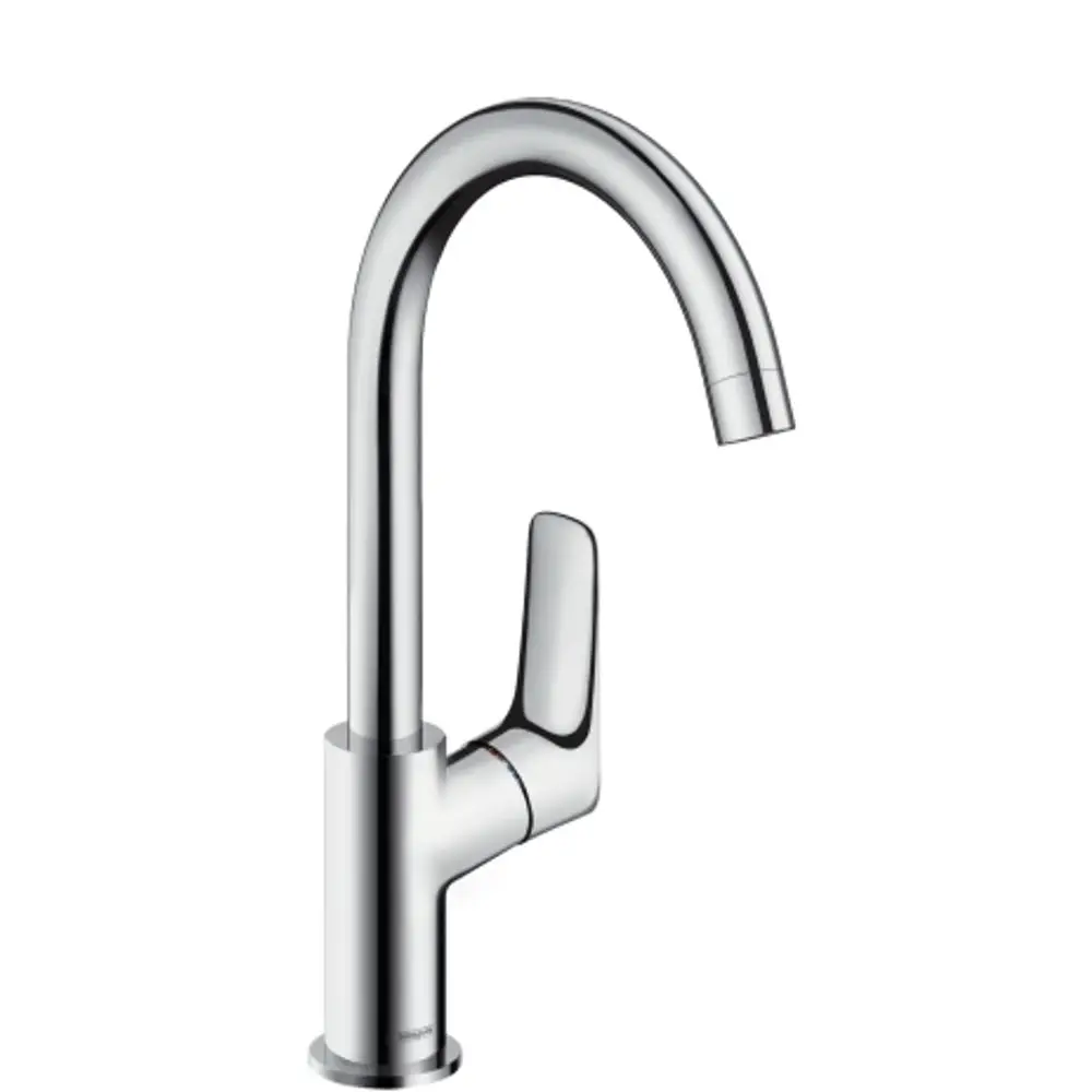 Hochglänzender Wasserhahn aus Chrom mit schwenkbarem Auslauf und griffgesteuerter Bedienung. Hansgrohe-Design für Waschtische.